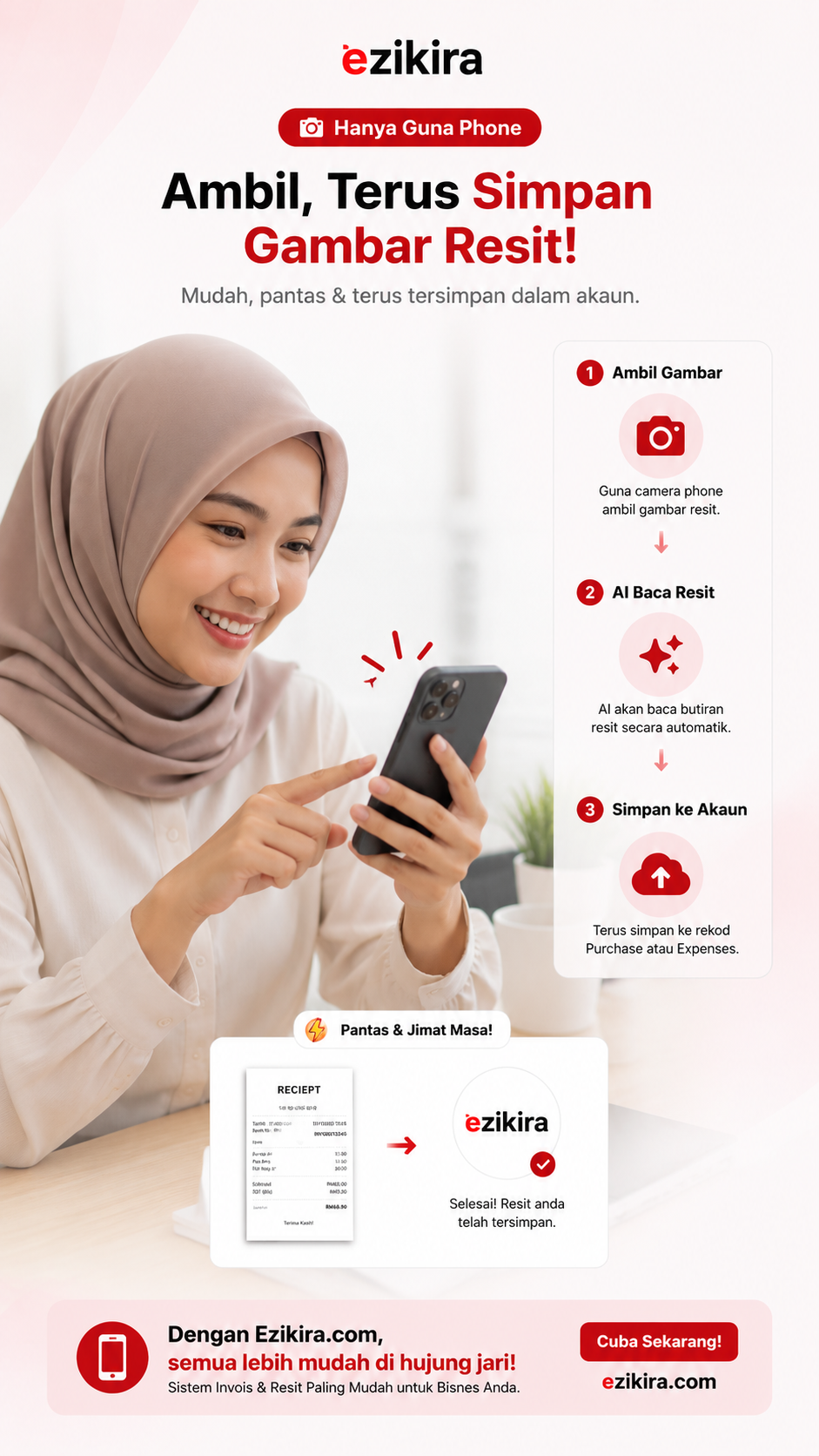 Ambil gambar resit, AI membaca resit dan menyimpan rekod ke akaun EziKira
