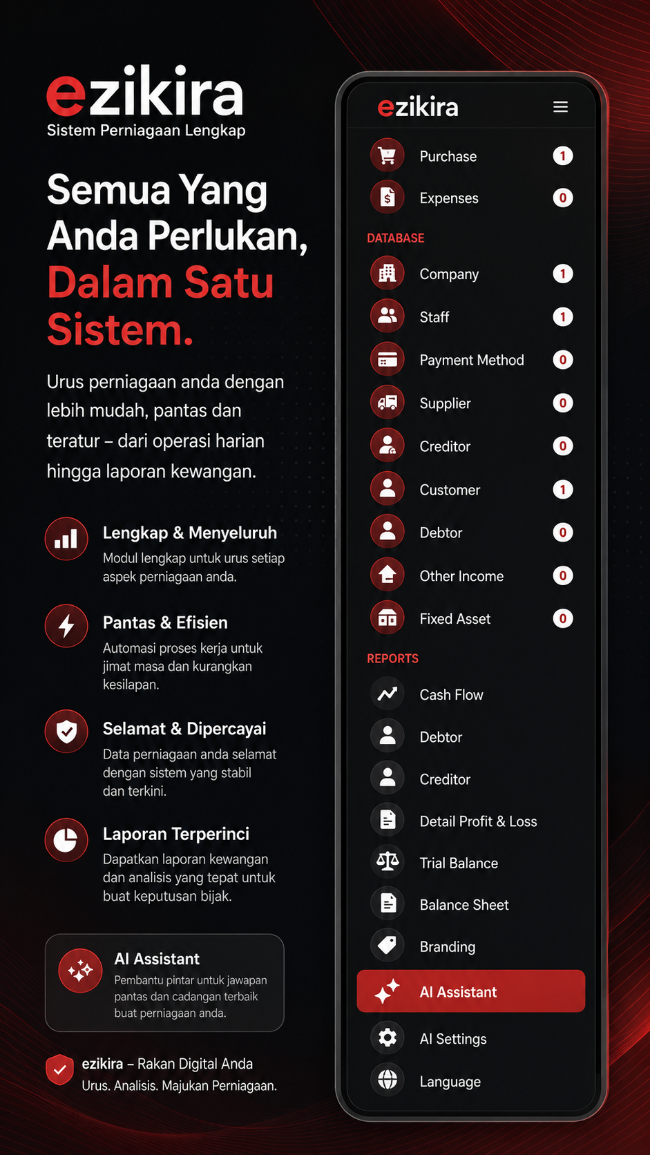Paparan sistem perniagaan lengkap EziKira pada telefon